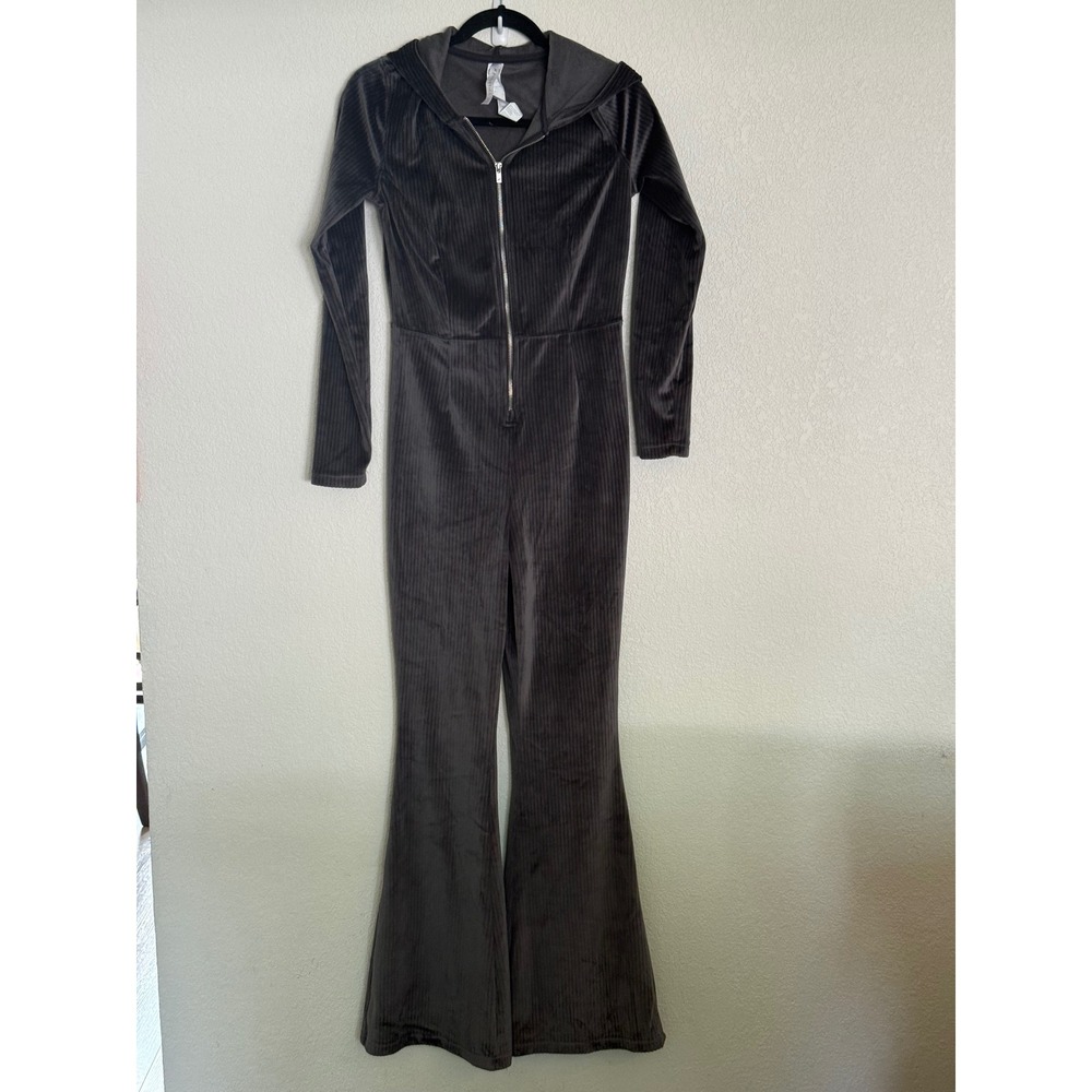 Fabletics Plush Rib Hooded Jumpsuit Grey Velvet Ribbed Flare Leg Small